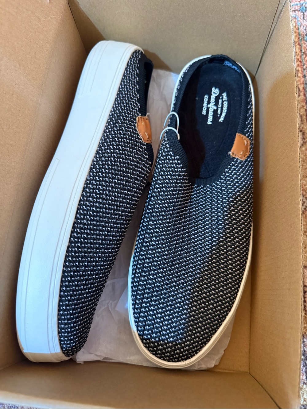 dearfoams Black & White Knit Slip-On Loafers with Tan Accents